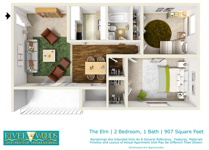 Floor plan for 2 beds, 1 bath, 907 sqft